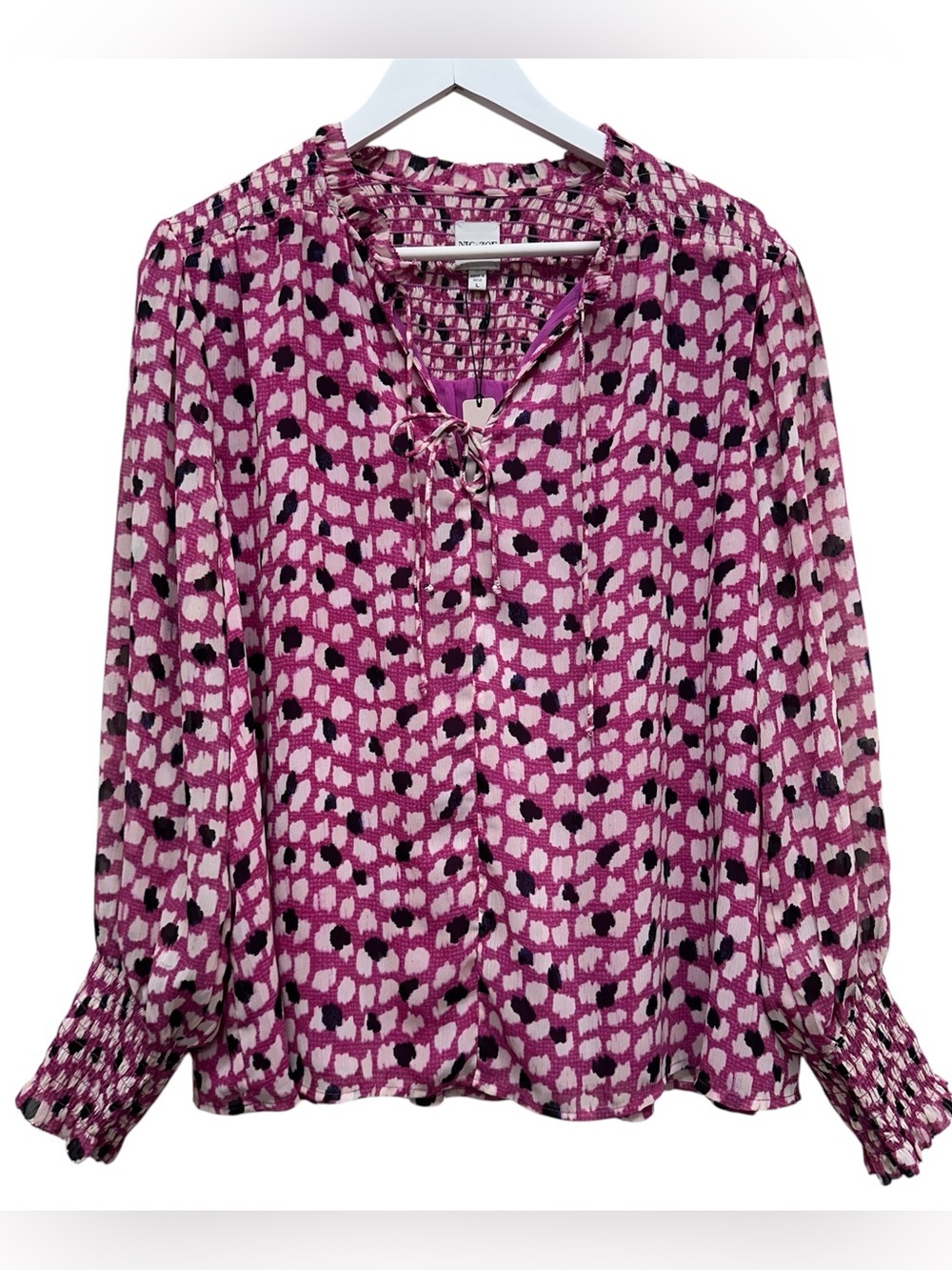 Nic + Zoe Women's New Pink Black Polka Dot Blouse Shirt Boho Cottagecore L NWT